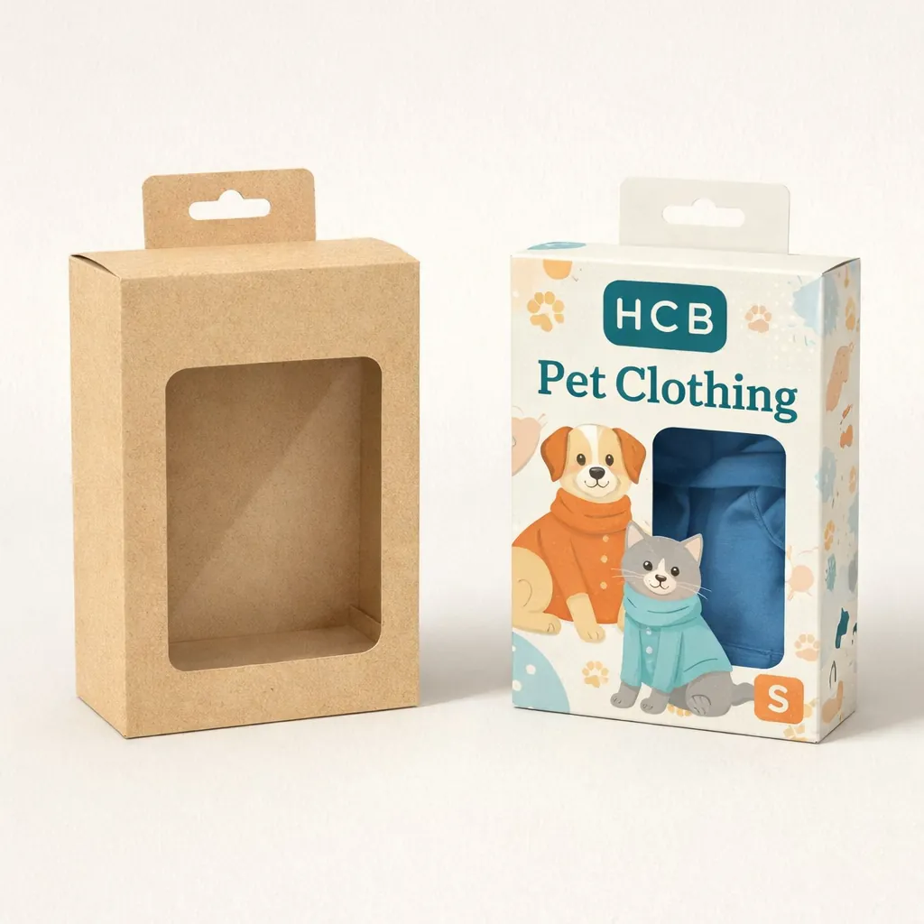 Two square two-piece rigid boxes, one plain white and one featuring a colourful dog illustration. class=